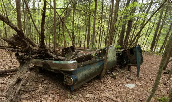 stock image Old car that is upside down rotting and rusting away slowly in the forest that surrounds Jordan Lake in North Carolina.