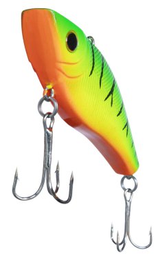 Sarı, turuncu ve yeşil balık yemi. Bas ve diğer balıkçılık sporları için ideal iki üçlü kanca..