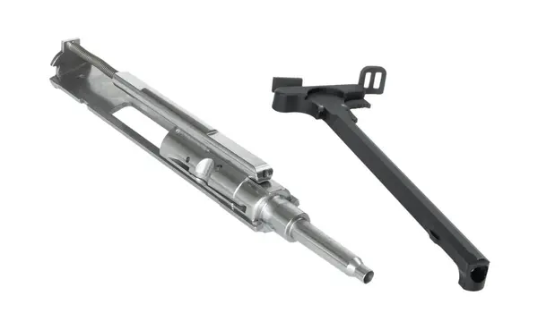 stock image Charging handle and bolt carrier group that converts an AR-15 from chambering 5.56 cartridges to .22 rimfire ammo isolated in a studio shot.