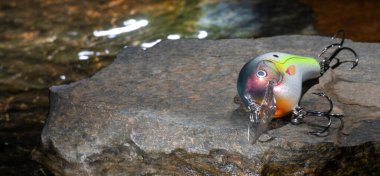 Bir derenin yanındaki kayanın üzerinde yapay balık yemi.