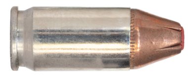 Copper plated bullet on a silver colored casing in a cartridge used for self-defense from a semi-automatic pistols chambered for .380 automatic. clipart