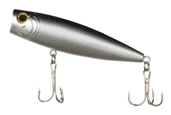 stock image Silver, gray and black fishing bait designed to run on the surface of the water. 