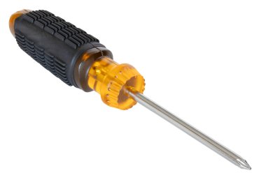 Isolated cross head screwdriver that has a transparent yellow handle with rubber on the grip for extended use. clipart