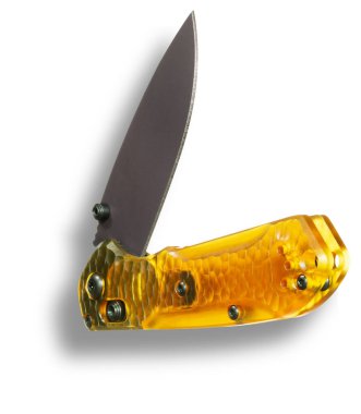 Folding knife with the blade partically out and a translucent yellow handle with a shadow underneath. clipart