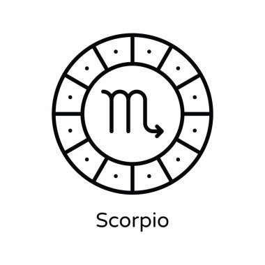 Scorpio Vektör ana hatları Simge Tasarımı illüstrasyonu. Astroloji ve Zodiac Beyaz arkaplan EPS 10 Dosyasında İşaretler Sembolü