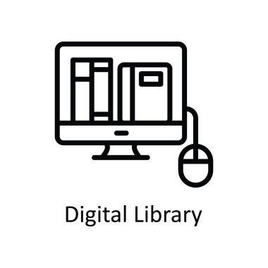 Dijital Kütüphane vektörü ana hatları Simge Tasarım çizimi. Beyaz arkaplan EPS 10 Dosyası üzerine Eğitim Teknolojisi Sembolü