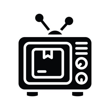 Televizyon Pazarlama Vektörü Katı Simge Tasarım Çizimi. Beyaz arkaplan EPS 10 Dosyasında Ürün Yönetimi Sembolü