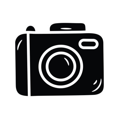 Kamera Vektörü katı simge tasarımı çizimi. Beyaz arkaplan EPS 10 Dosyasında Seyahat Sembolü