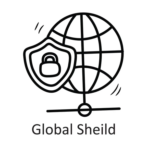 Esquema Vector Escudo Global Icono Diseño Ilustración Símbolo Seguridad Sobre — Vector de stock