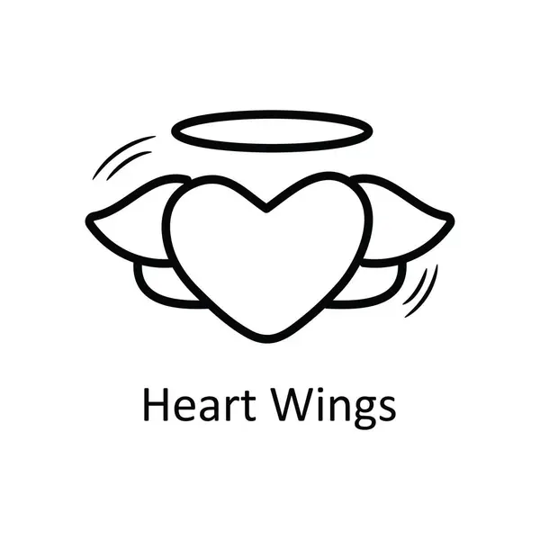 Heart Wings Vektor Garis Besar Tangan Menggambar Icon Desain Ilustrasi - Stok Vektor