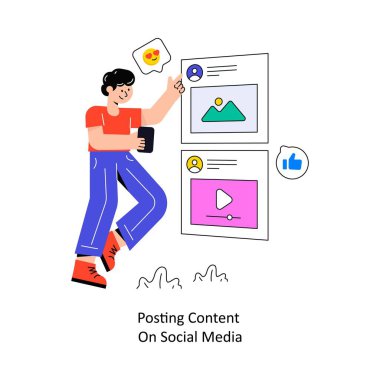 Sosyal Medya Düz Biçim Tasarım Vektörü illüstrasyonuna İçerik Gönderiliyor. Stok illüstrasyonu