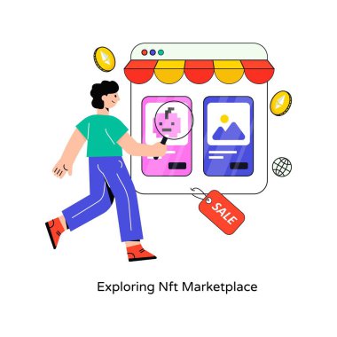 Nft Pazarı Düz Stil Tasarım Vektörü illüstrasyonunu Keşfediyor. Stok illüstrasyonu