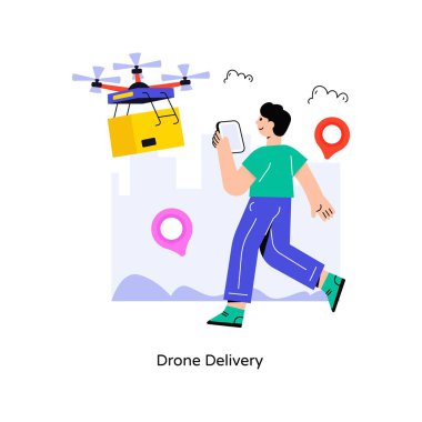 Drone Delivery düz stil tasarım vektör çizimi. hisse illüstrasyonu
