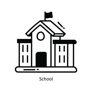 Okulun karalama yarı katı simge tasarımı çizimi. Beyaz arkaplan EPS 10 Dosyası Okul ve Çalışma Sembolü 