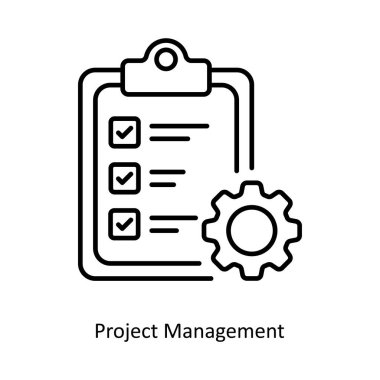 Proje Yönetimi vektörü Ana hatlı simge tasarımı illüstrasyonu. Beyaz arkaplanda Seo ve Web sembolü EPS 10 dosyası