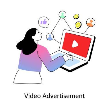 Video Reklam Gradyan Düz Stil Tasarım Vektörü illüstrasyonu. Stok illüstrasyonu