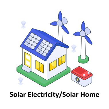 Solar Electricity / Solar Home izometrik renkli illüstrasyon. EPS Dosya illüstrasyonu