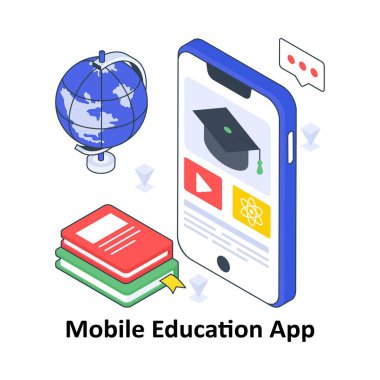 Mobil Eğitim Uygulaması izometrik Renkli Çizim. EPS Dosya illüstrasyonu