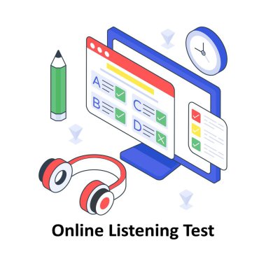Çevrimiçi Dinleme Testi izometrik renkli illüstrasyon. EPS Dosya illüstrasyonu