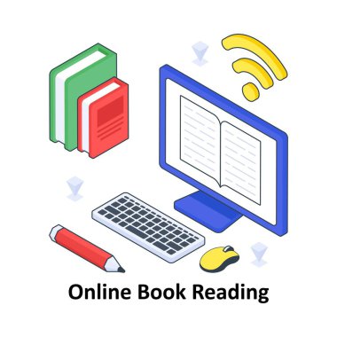 MobileOnline Kitap Okuma İzometrik Renkli Çizim. EPS Dosya illüstrasyonu