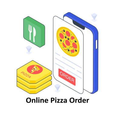Çevrimiçi Pizza Siparişi izometrik renkli illüstrasyon. EPS Dosya illüstrasyonu