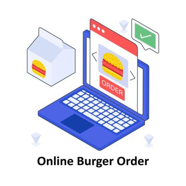 Çevrimiçi Burger Order izometrik renkli çizim. EPS Dosya illüstrasyonu