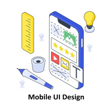 Mobil UI Tasarım İzometrik Renkli Çizim. EPS Dosya illüstrasyonu