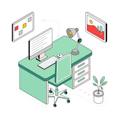 Ofis Çalışma Alanı İzometrik Biçim İllüstrasyonu. EPS 10 dosyası