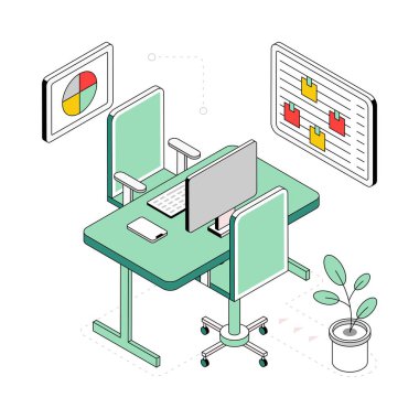Ofis Çalışma Alanı İzometrik Biçim İllüstrasyonu. EPS 10 dosyası