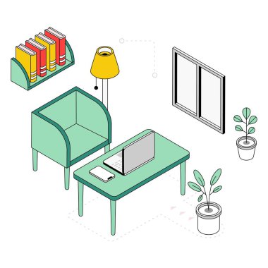 Ev Çalışma Alanı İzometrik Biçim İllüstrasyonu. EPS 10 dosyası