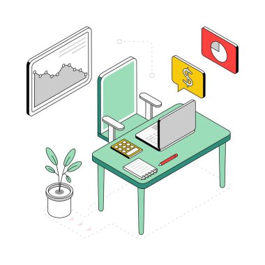 Ofis Çalışma Alanı İzometrik Biçim İllüstrasyonu. EPS 10 dosyası