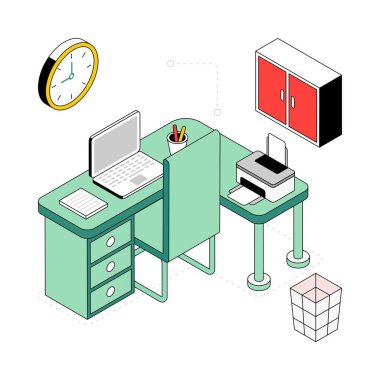 Ofis Çalışma Alanı İzometrik Biçim İllüstrasyonu. EPS 10 dosyası
