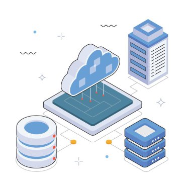 Veritabanı Vektörü İzometrik İllüstrasyonlu Bulut Hesaplama Platformu. EPS 10 dosyası