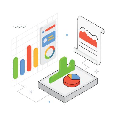 Piyasa Raporu Vektörü Isometric Illustration. EPS 10 Dosyası