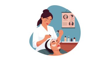 Kız yüz bakımı görüyor. 2 boyutlu düz animasyon.