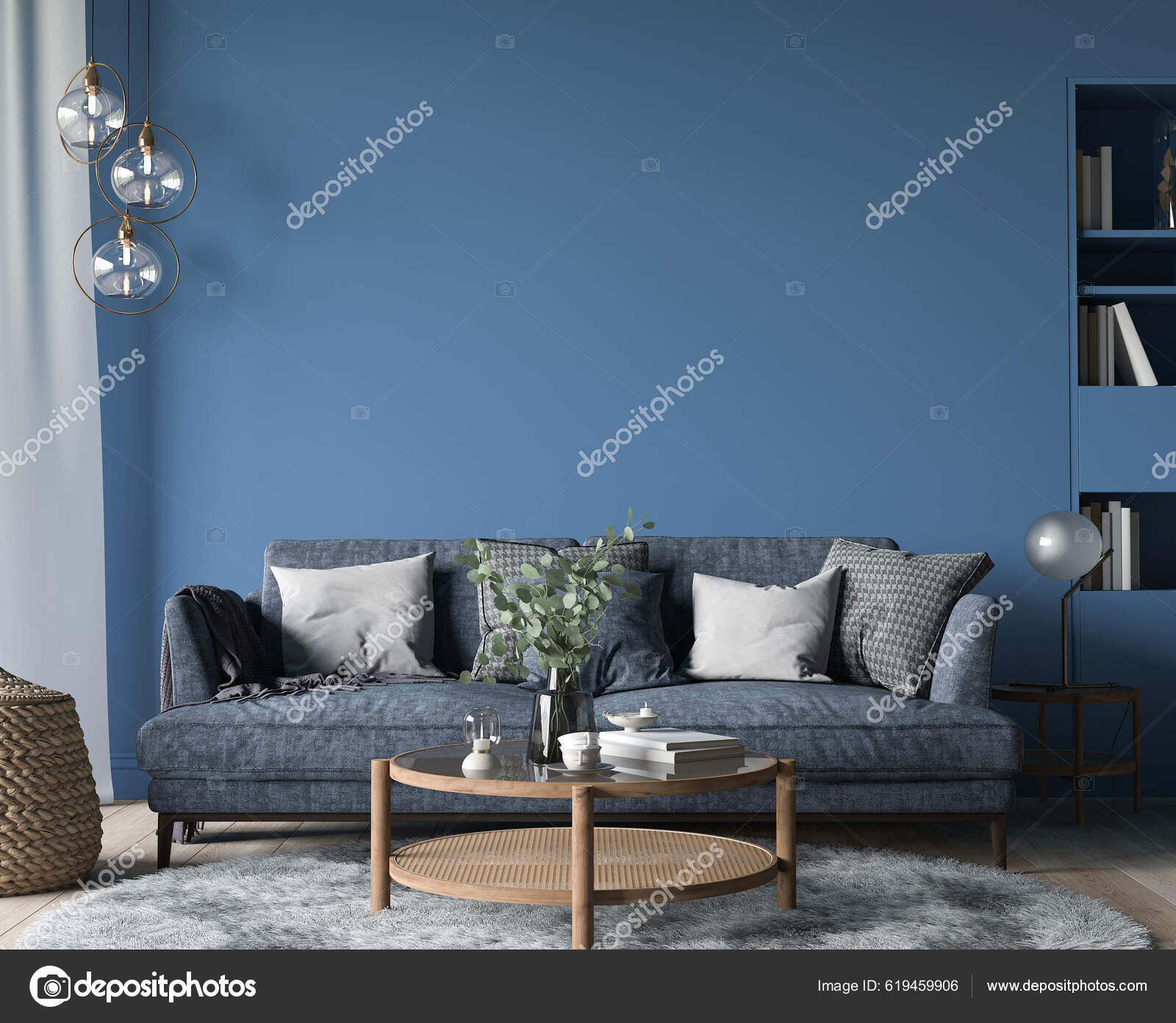 Mörkt Vardagsrum Interiör Blå Soffa Med Trä Hem Tillbehör Modern —  Stockfotografi © lilasGH #619459906