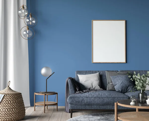 ダークリビングルームのインテリア モダンな居心地の良いアパートで木製のホームアクセサリーと青のソファ 3Dレンダリング — ストック写真