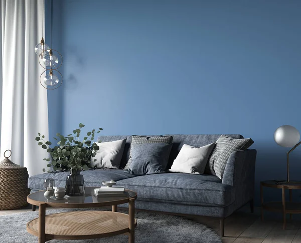 在现代舒适的公寓里 黑暗的客厅里 蓝色的沙发和木制的家居用品 3D渲染 — 图库照片