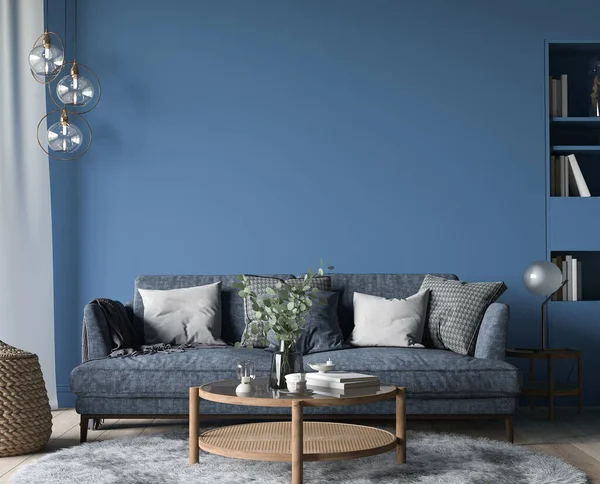 ダークリビングルームのインテリア モダンな居心地の良いアパートで木製のホームアクセサリーと青のソファ 3Dレンダリング — ストック写真