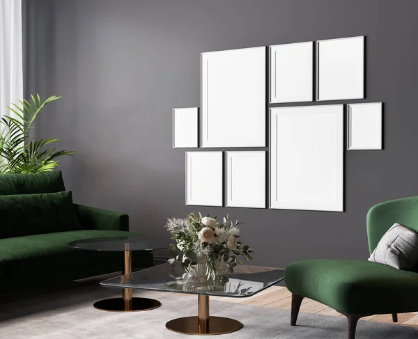 Luxury dark living room design, green furniture on gray wall in modern design, 3d render