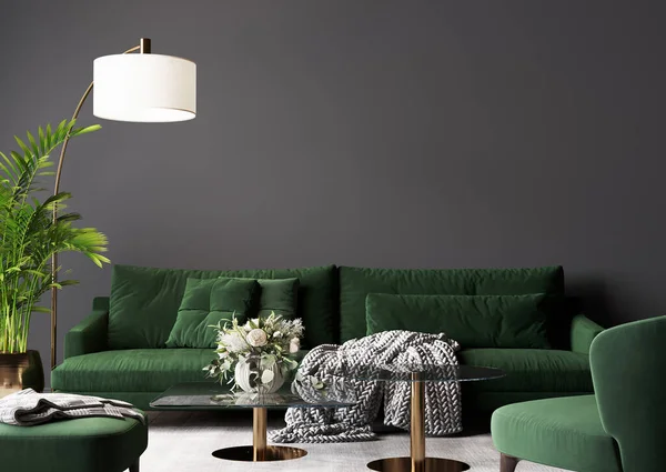Luxury dark living room design, green furniture on gray wall in modern design, 3d render