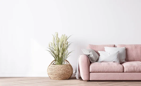 モダンなリビングルームのデザイン 白のミニマルな背景にピンクのソファと明るいインテリア 3Dレンダリング — ストック写真