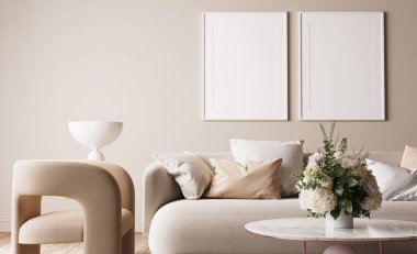 Parlak modern oturma odası modeli, bej renkli kanepe mermer sehpa ve beyaz arka planda çiçek vazosu, 3D işlemeli.