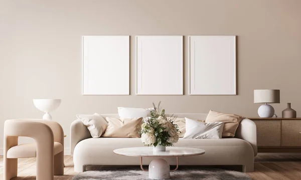 Helle Moderne Wohnzimmerattrappe Beiges Sofa Mit Marmortisch Und Blumenvase Auf — Stockfoto