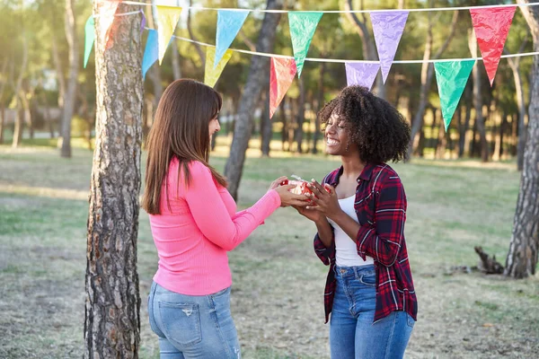 公園でパーティーをしながら友人に贈り物をする女性 友情の概念 — ストック写真