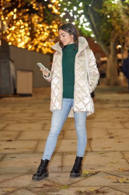 Kışlık elbiseli bir kadın cep telefonunu sokakta kullanıyor. Kış mevsimi ve teknoloji konsepti.