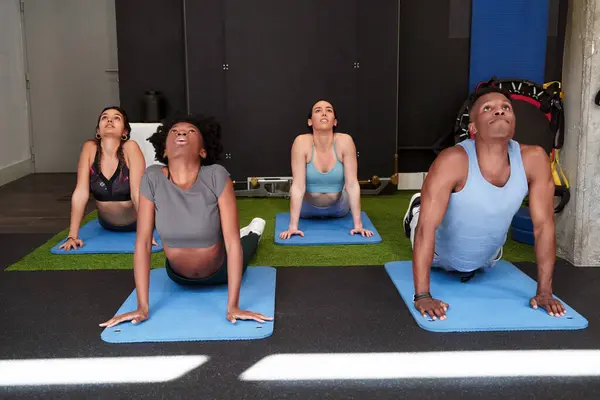 Spor Salonunda Egzersiz Yaparken Yoga Minderinin Üzerinde Gerinen Bir Grup — Stok fotoğraf