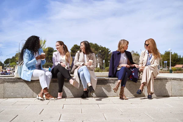 女性経営者のグループは 屋外で座って話をする — ストック写真