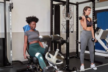 Spor salonunda çalışan iki sporcu kadın. Spor ve sağlıklı yaşam tarzı kavramı.