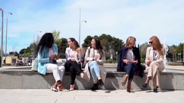 Gruppo Donne Dirigenti Abiti Lavoro Seduti Parlare All Aperto — Video Stock